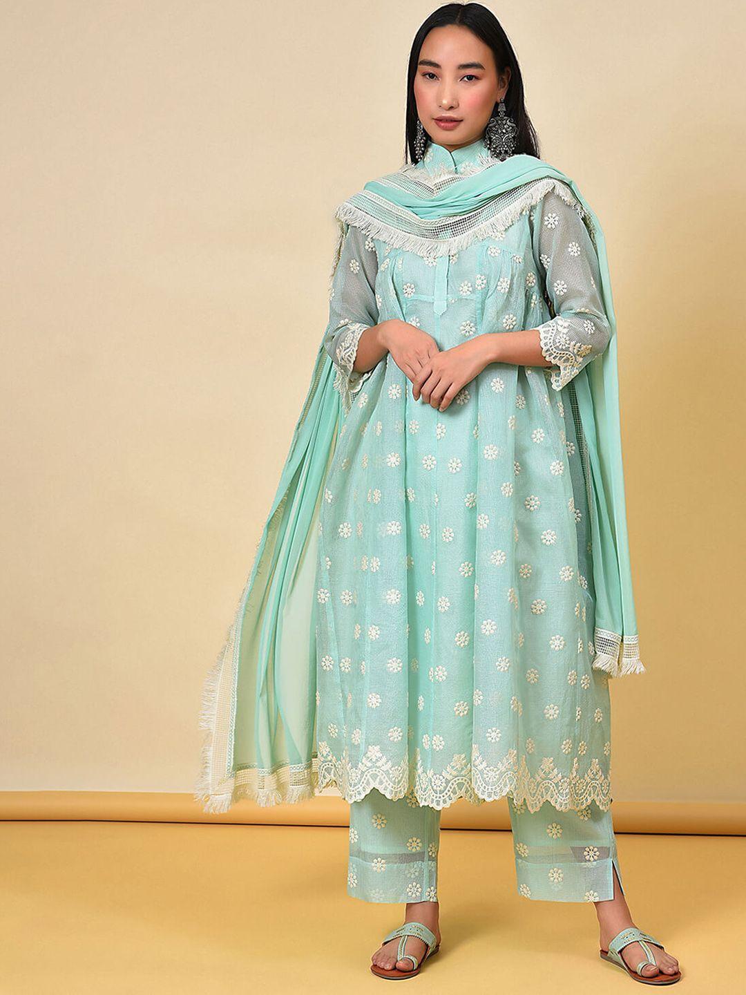 nuhh women green floral embroidered regular kurta with trousers & with dupatta