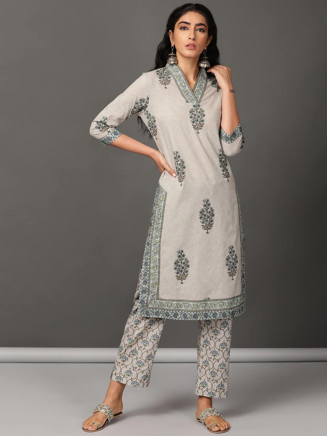 nuhh women grey floral printed regular pure cotton kurta with trousers