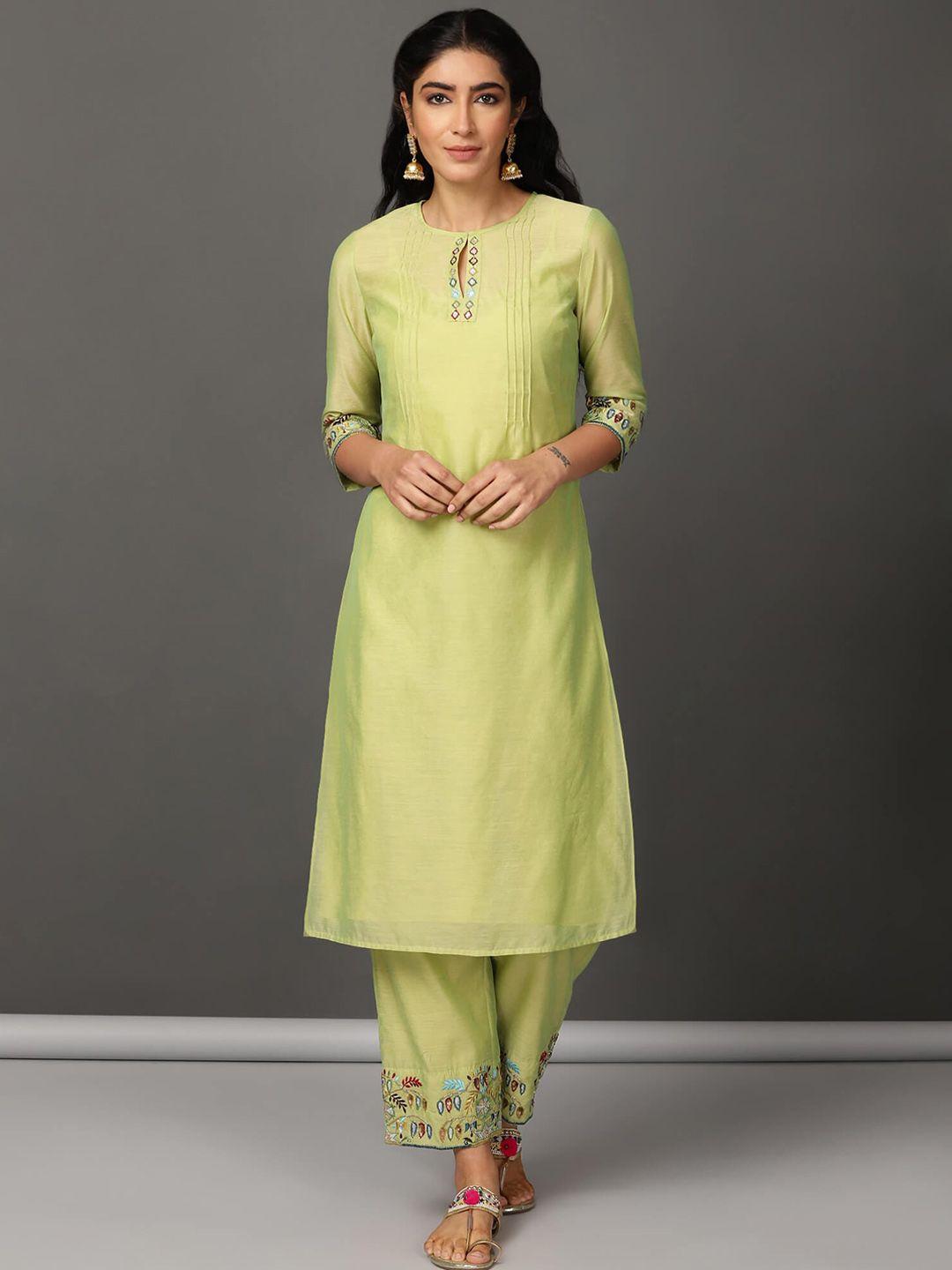 nuhh women lime green floral striped regular thread work chanderi cotton kurta with trousers