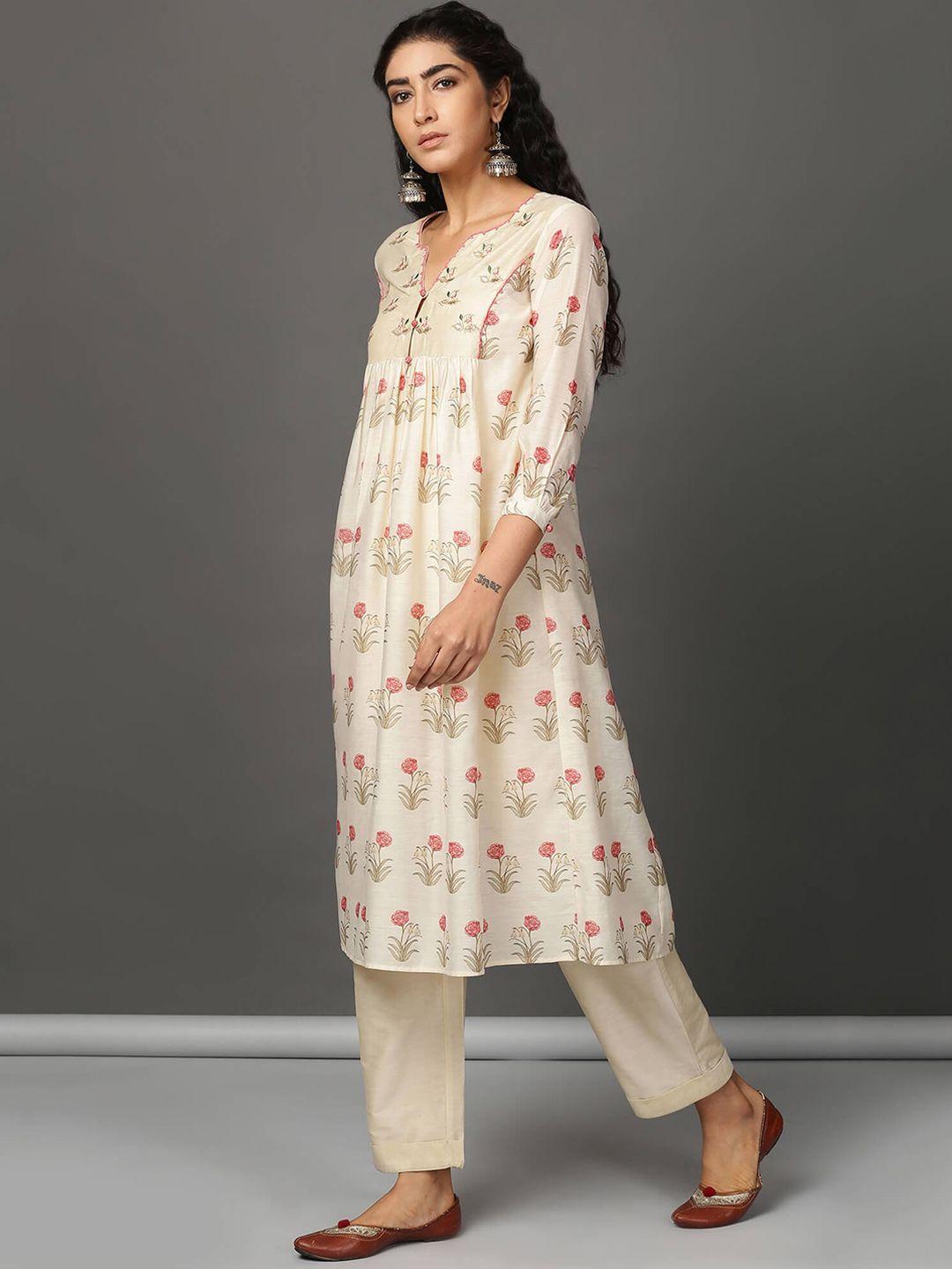 nuhh women off white floral printed empire kurta with trousers