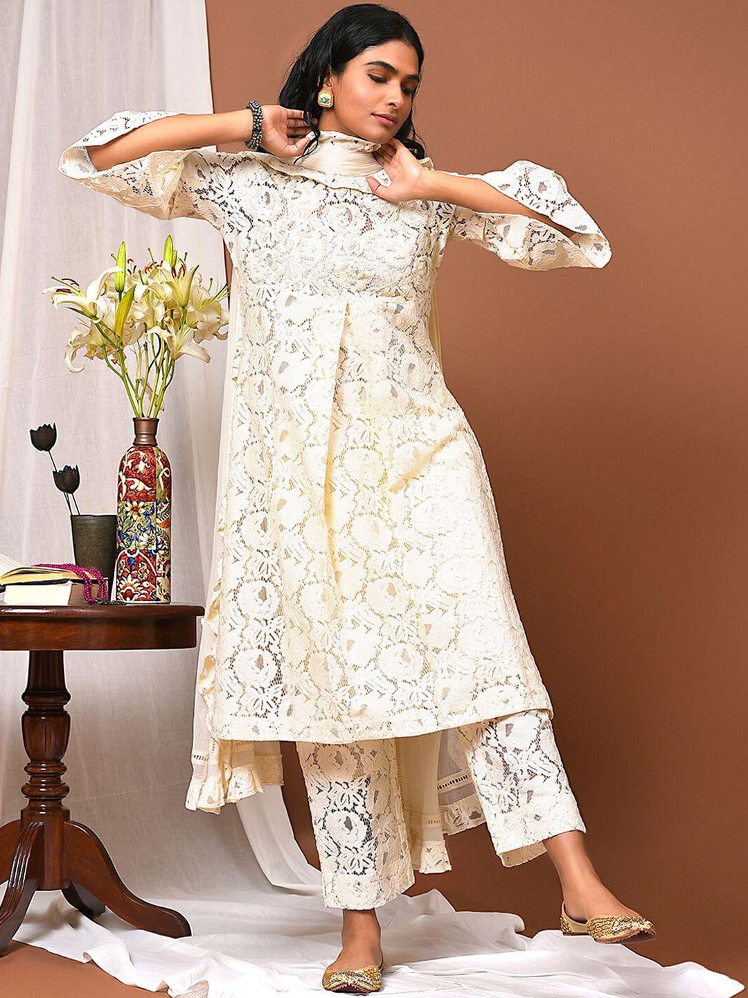nuhh women off white floral regular kurta with trousers & with dupatta