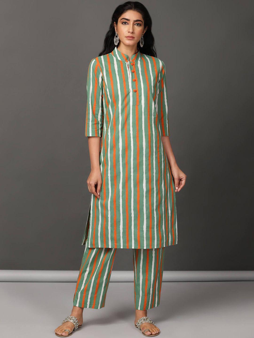 nuhh women olive green striped regular pure cotton kurta with trousers