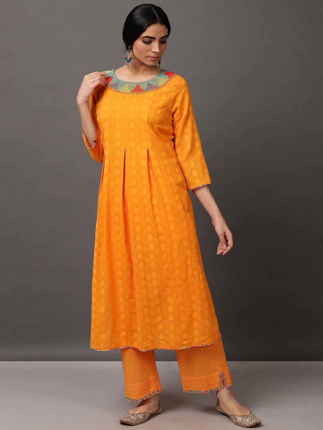 nuhh women orange ethnic motifs printed regular pure cotton kurta with palazzos