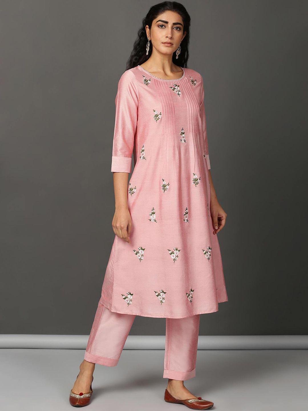 nuhh women pink floral embroidered regular thread work kurta with trousers
