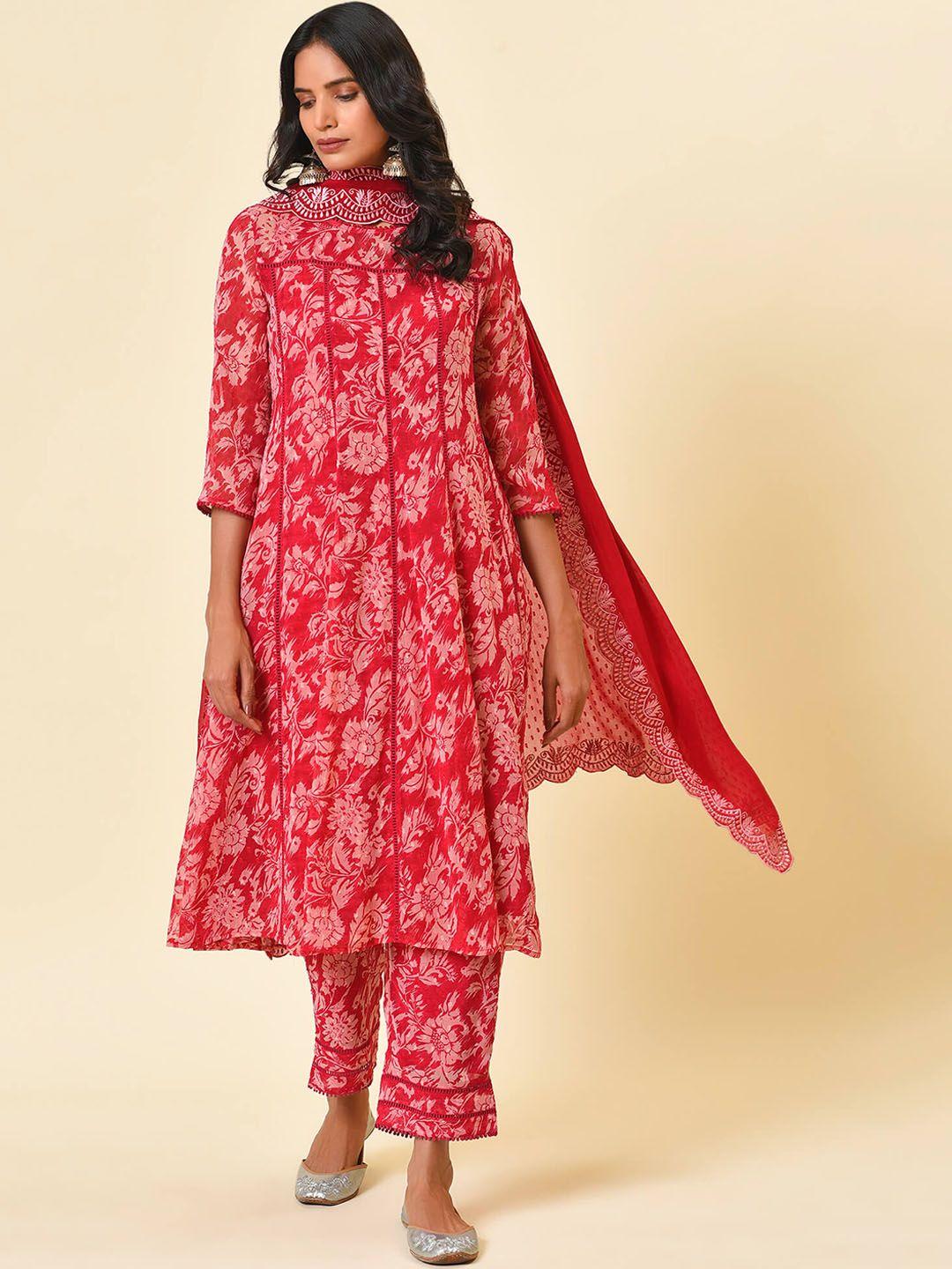 nuhh women pink floral printed regular thread work kurta with trousers