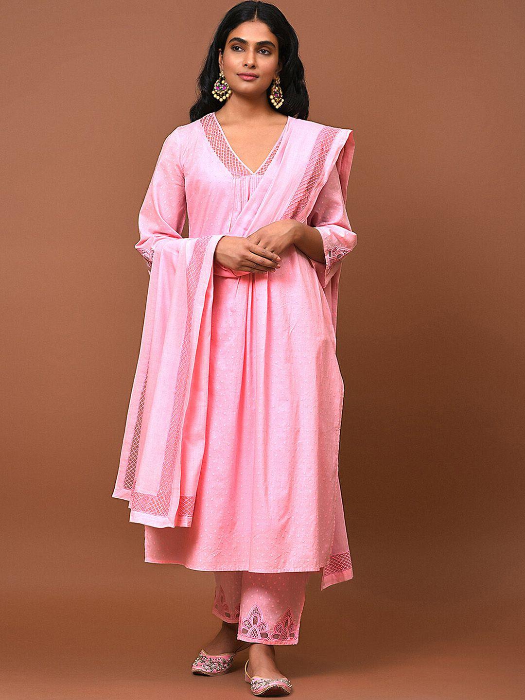 nuhh women pink regular pure cotton kurta with trousers & with dupatta