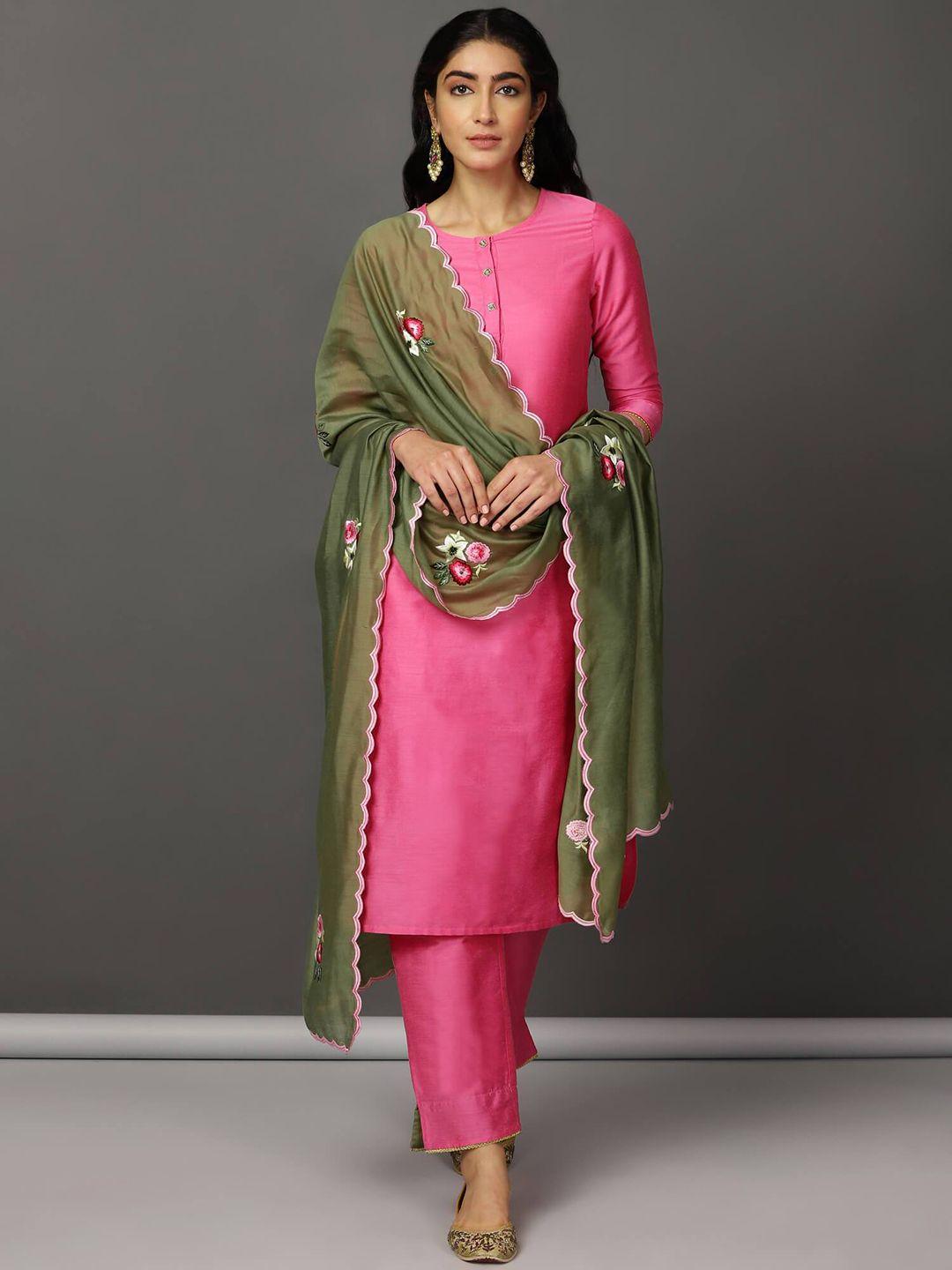 nuhh women pink regular thread work kurta with trousers & with dupatta