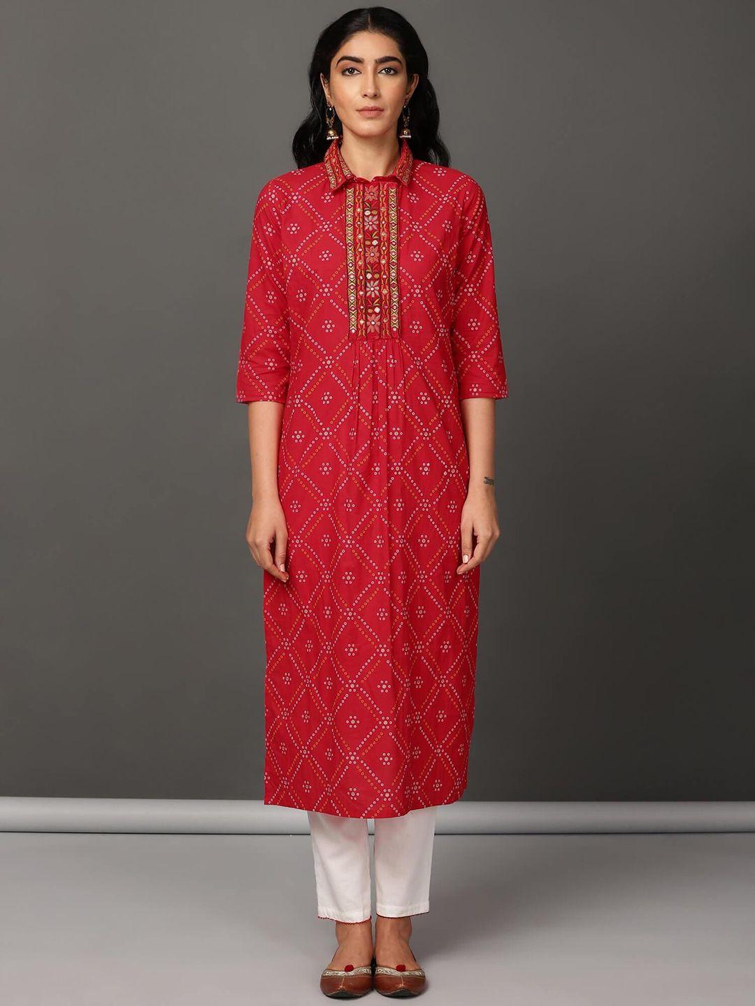 nuhh women red geometric printed thread work kurta