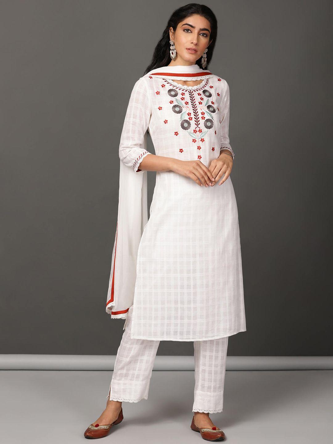 nuhh women white regular pure cotton kurta with trousers & with dupatta