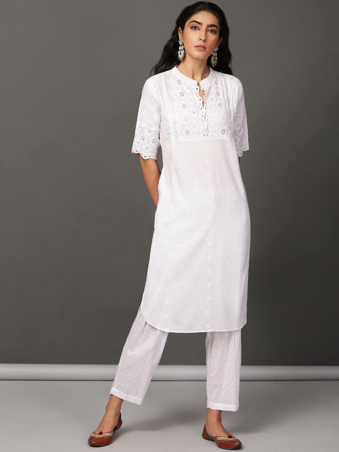 nuhh women white regular pure cotton kurta with trousers