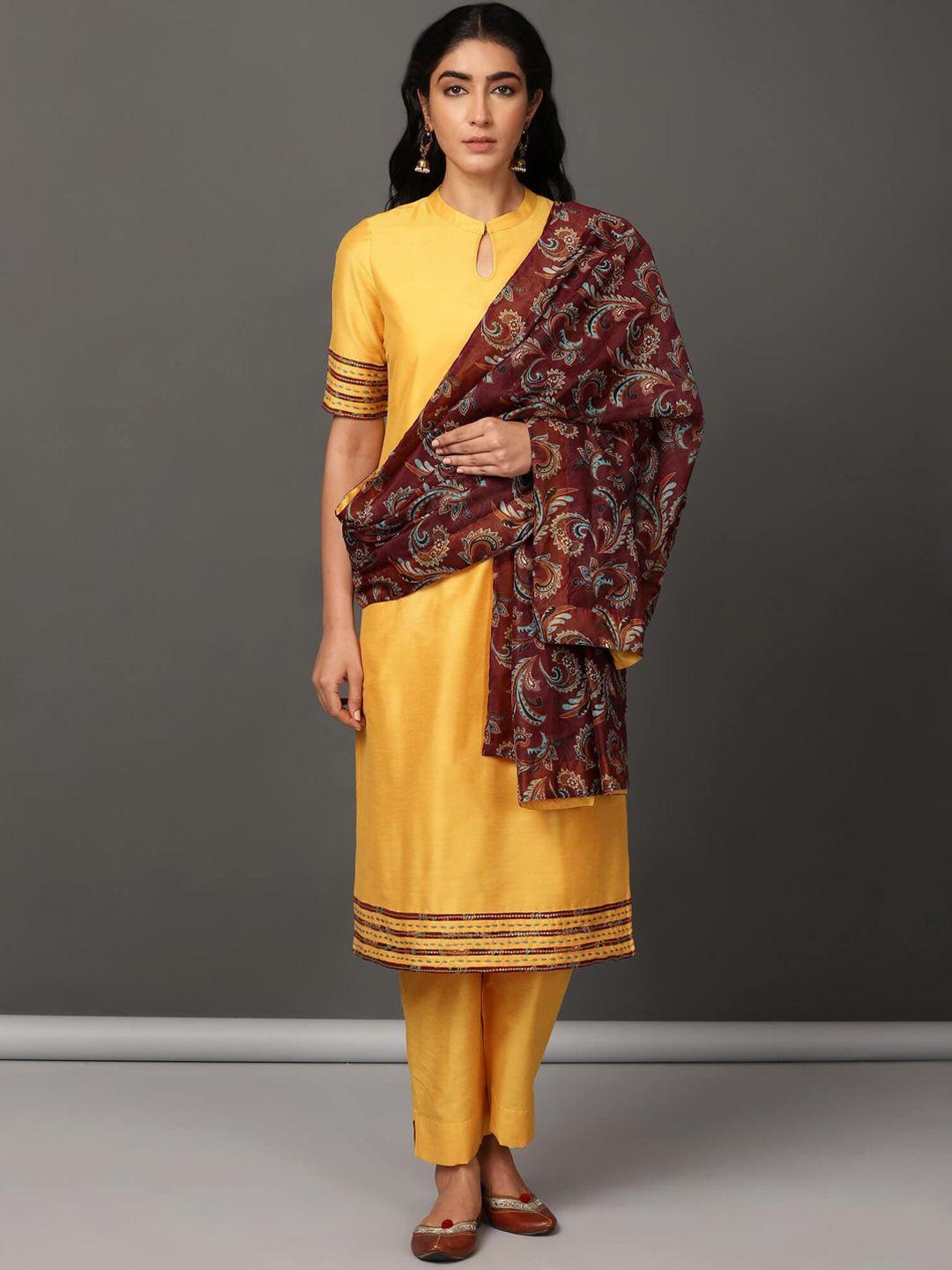 nuhh women yellow regular kurti with trousers & with dupatta