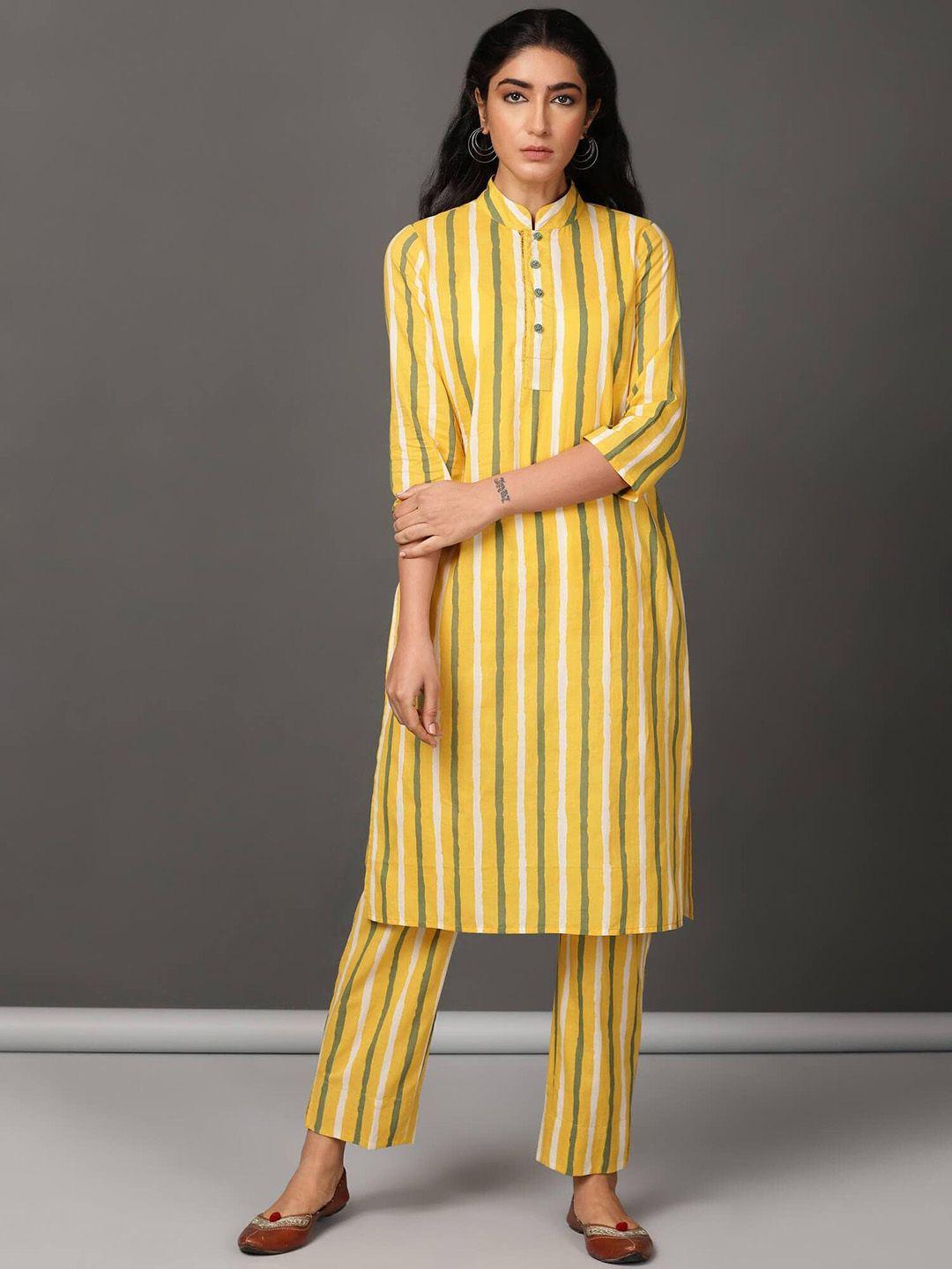 nuhh women yellow striped regular pure cotton kurti with trousers