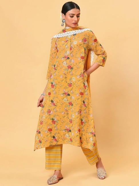 nuhh yellow printed kurta with pant & dupatta