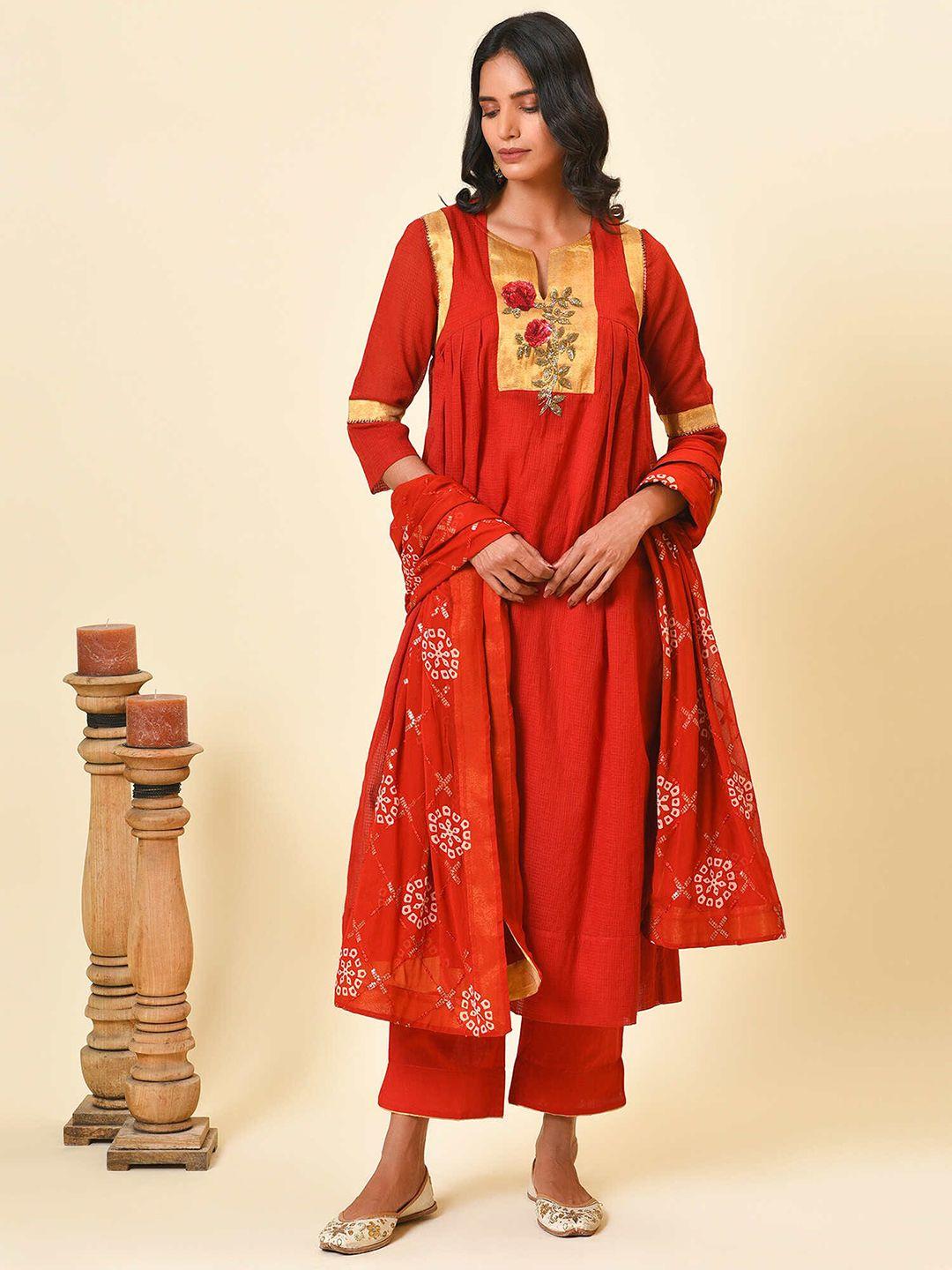 nuhh yoke design regular pure cotton kurta with trousers & with dupatta