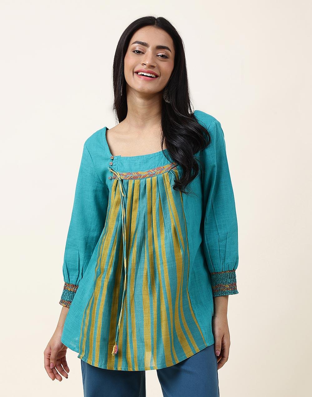 nuindian turquoise cotton printed slim fit short kurta
