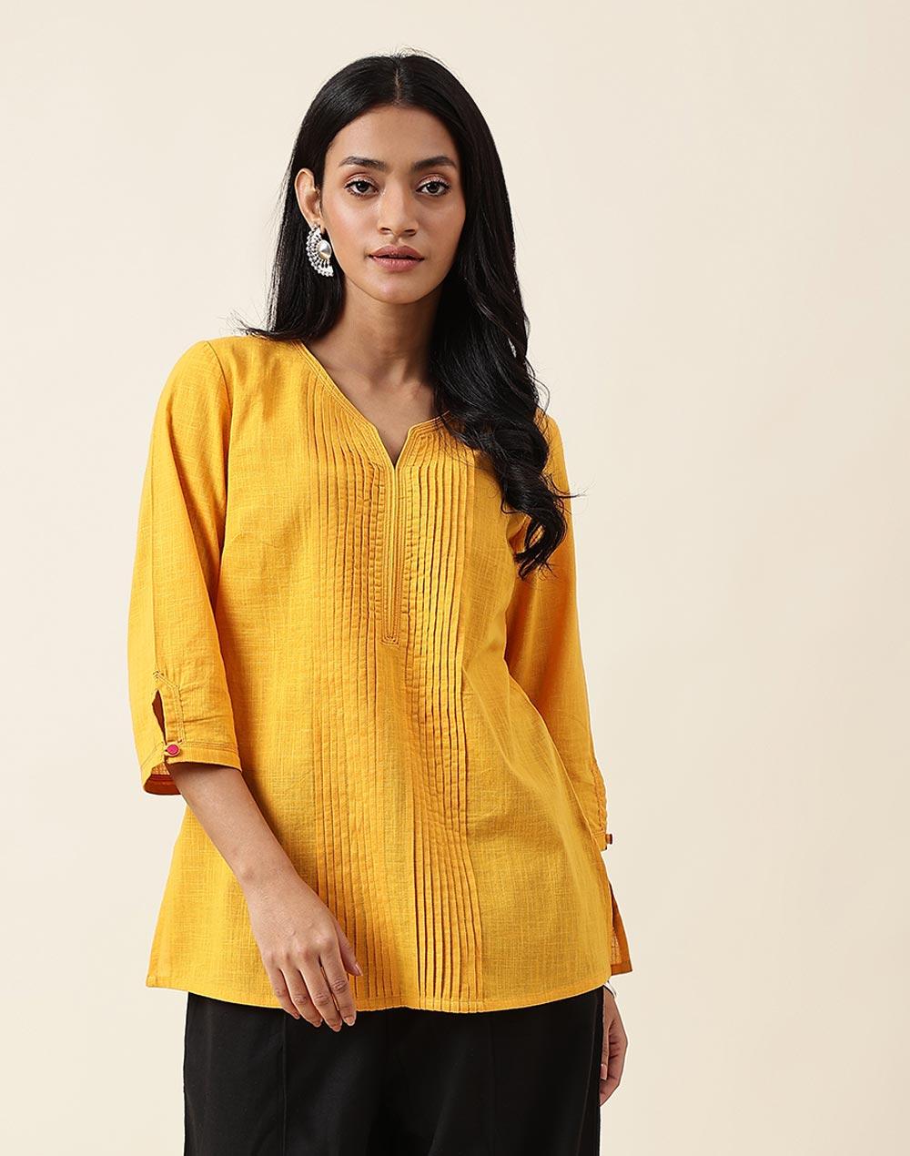 nuindian yellow cotton slim fit short kurta