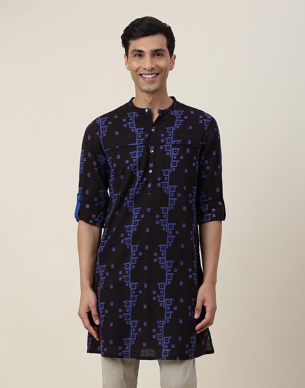 nuindian black cotton printed slim fit long kurta