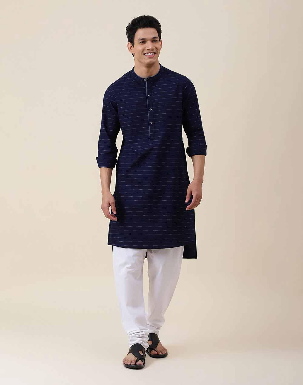 nuindian blue cotton abstract slim fit long kurta