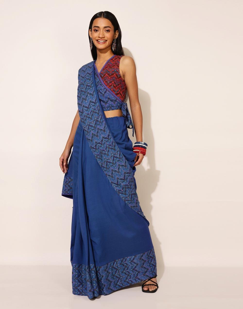 nuindian blue cotton printed sari