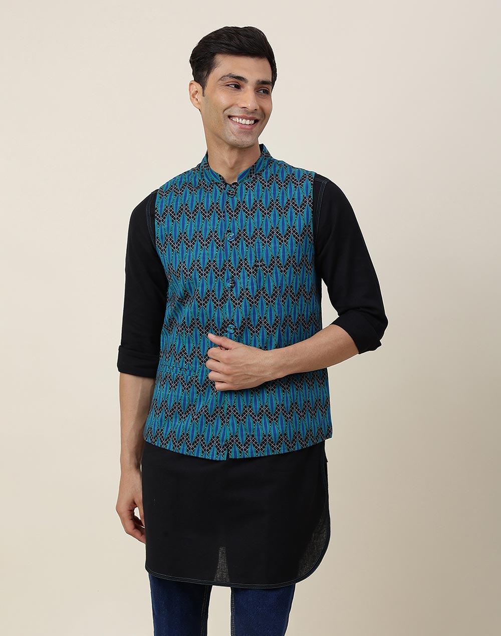 nuindian blue cotton printed slim fit nehru jacket