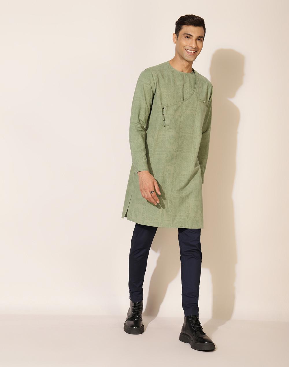 nuindian green printed round neck slim fit long kurta