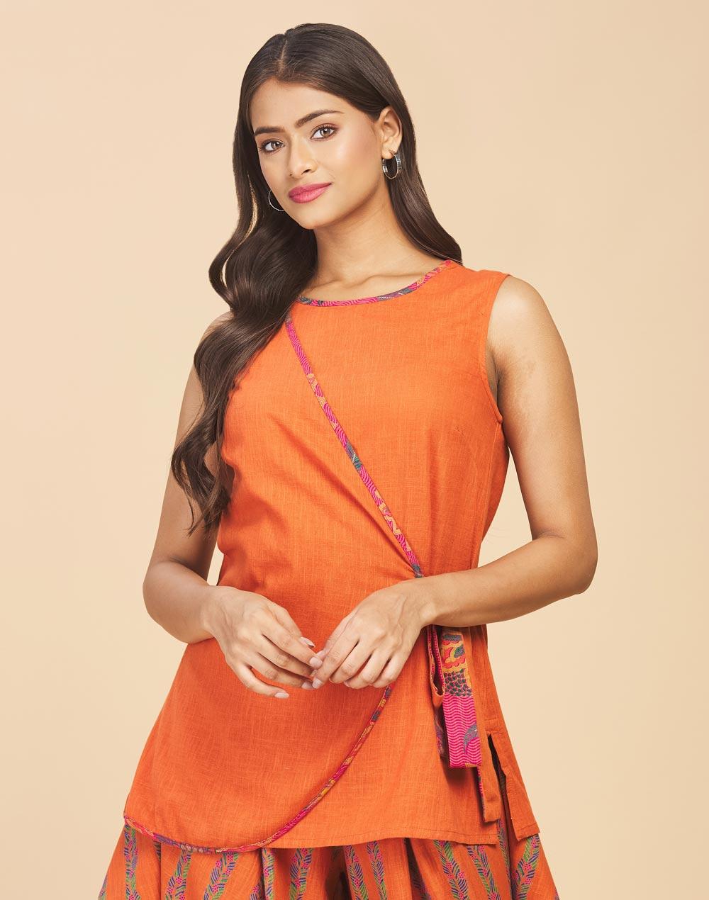 nuindian orange cotton slim fit short kurta