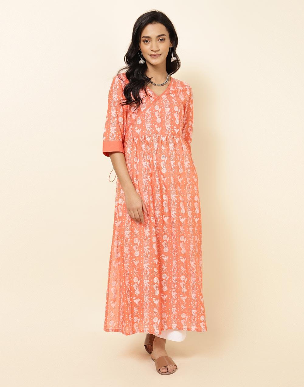 nuindian orange cotton viscose printed kurta