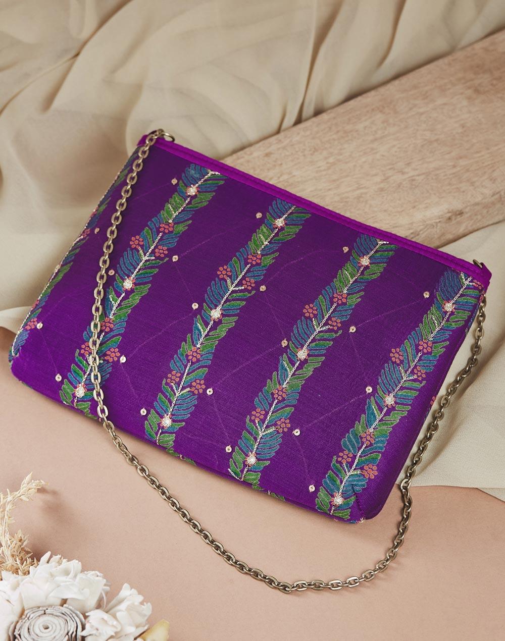 nuindian purple cotton blend clutch bag