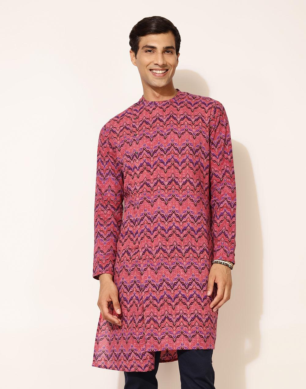 nuindian purple cotton printed slim fit long kurta