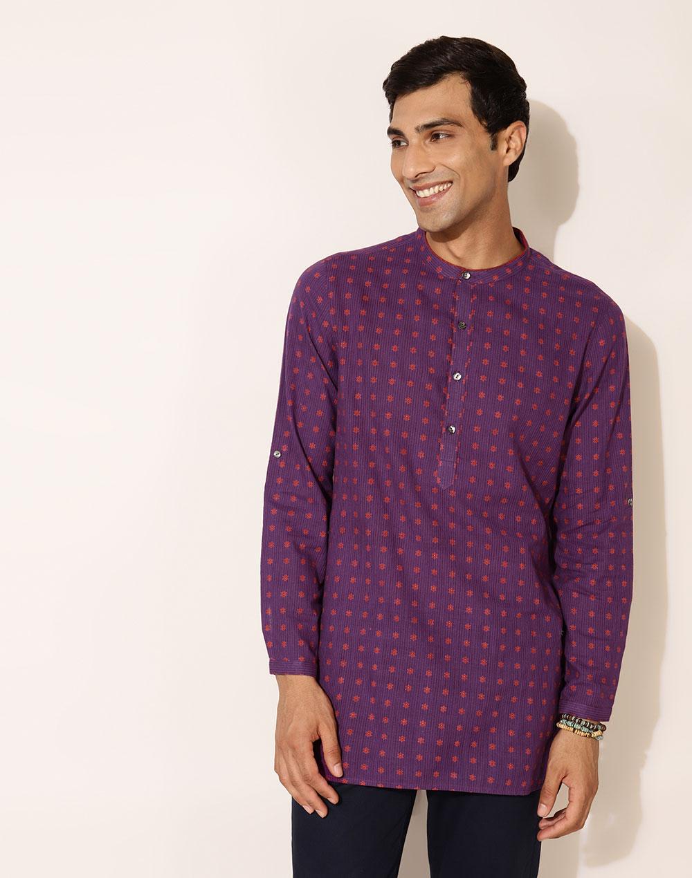 nuindian purple cotton printed slim fit short kurta