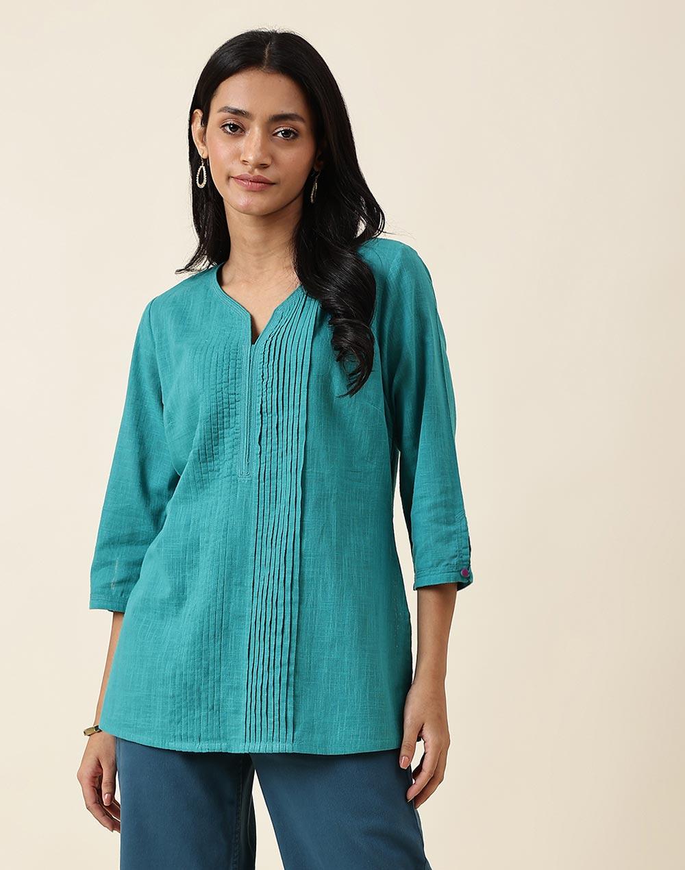 nuindian turquoise cotton slim fit short kurta