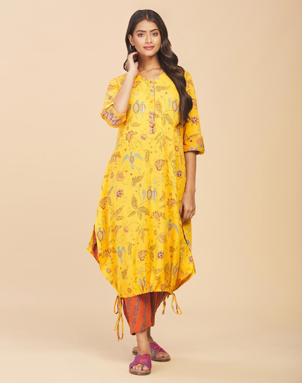 nuindian yellow cotton printed slim fit kurta