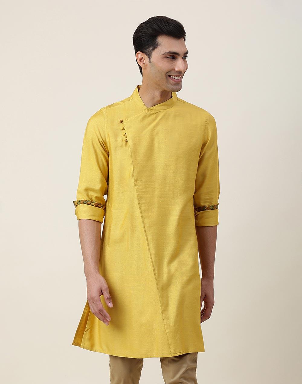 nuindian yellow viscose silk slim fit long kurta