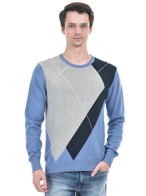 numero uno blue cotton regular fit printed sweater