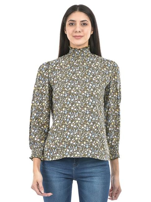 numero uno dark green cotton floral print top