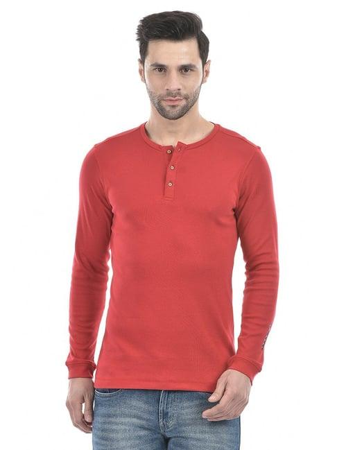 numero uno dark red cotton regular fit henley t-shirts