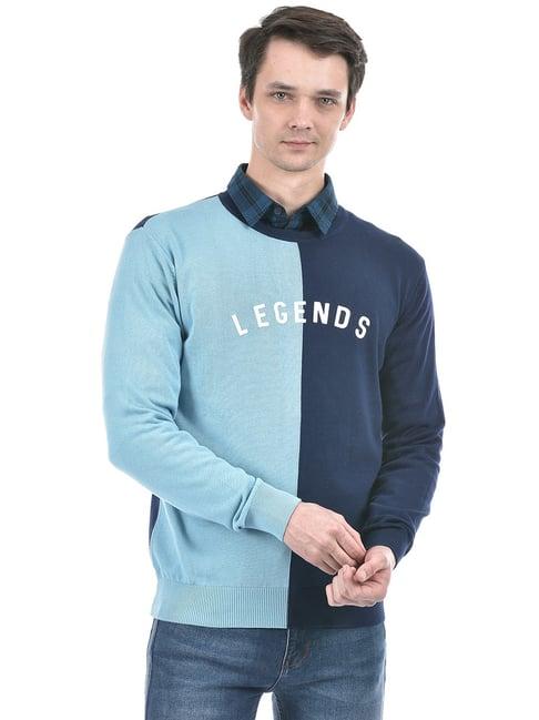 numero uno powder blue cotton regular fit colour block sweater