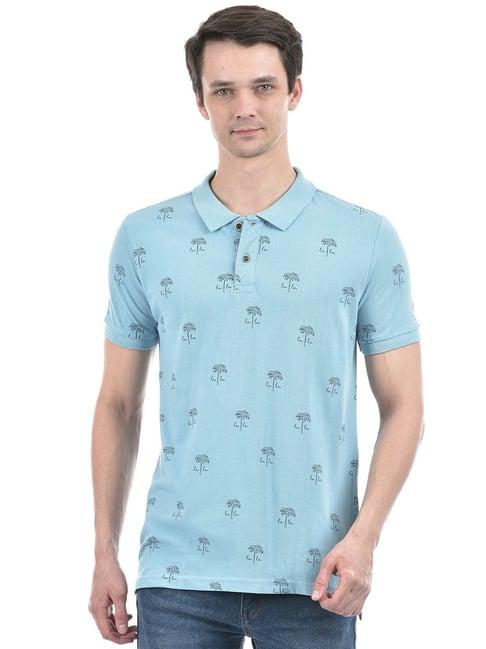 numero uno powder blue cotton regular fit printed polo t-shirt