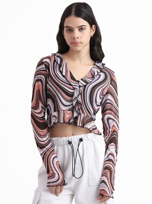 nuon by westside brown multicolor printed slim fit blouse