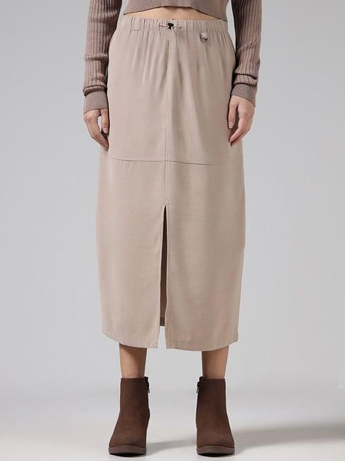 nuon by westside solid beige front slit skirt
