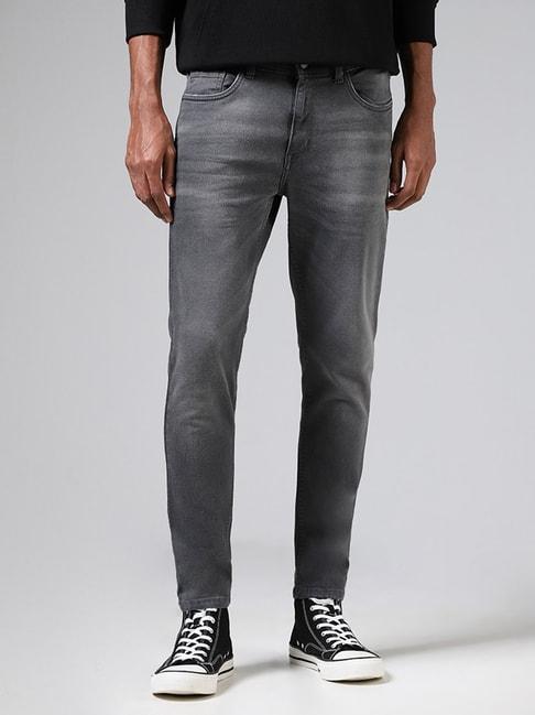 nuon by westside solid grey carrot fit denim jeans