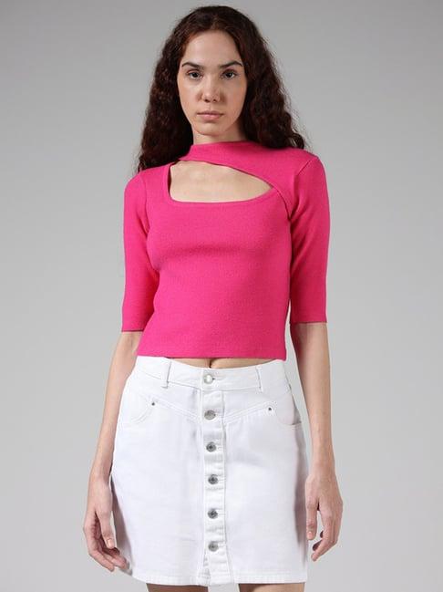 nuon by westside solid pink neck cut-out knit top