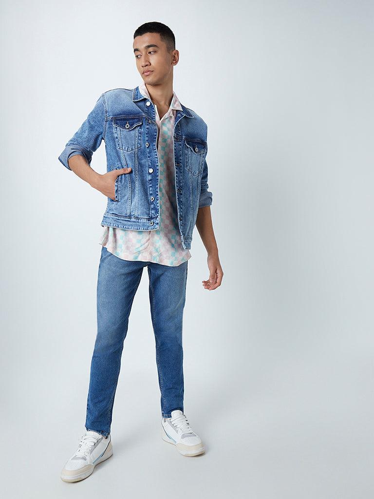 nuon blue faded-wash slim-fit denim jacket