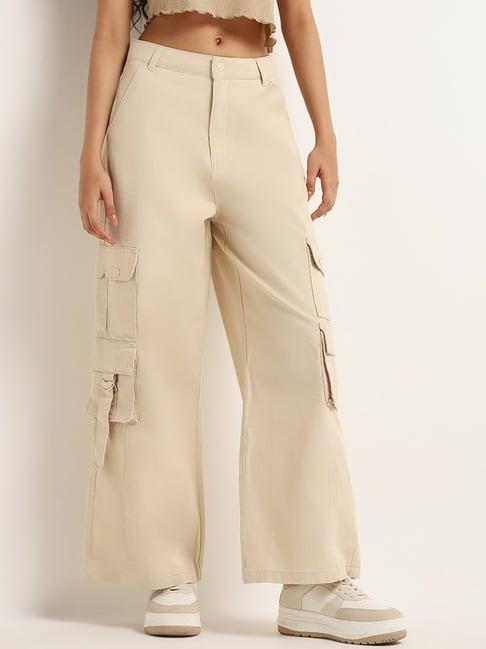 nuon by westside beige cargo high rise wide leg fit jeans