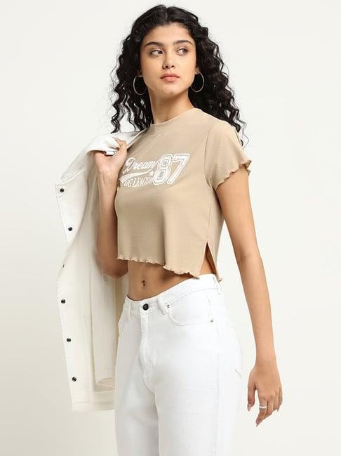 nuon by westside beige printed crop t-shirt