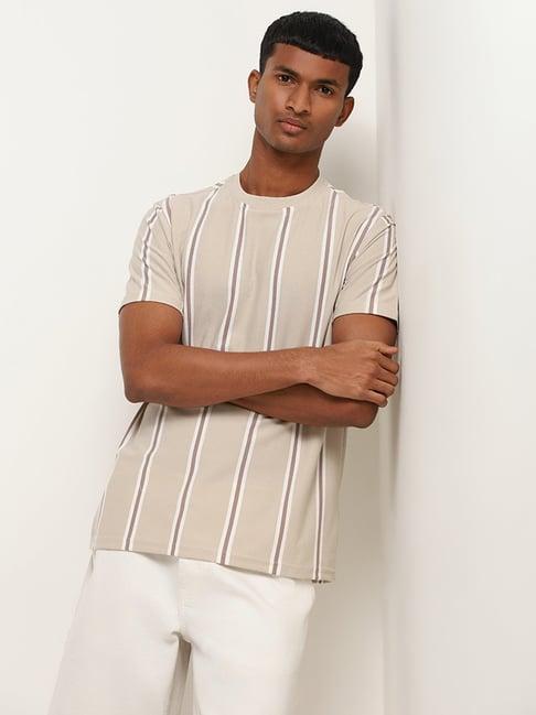 nuon by westside beige slim-fit striped t-shirt