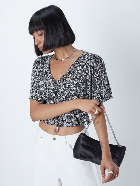 nuon by westside black floral patterned top