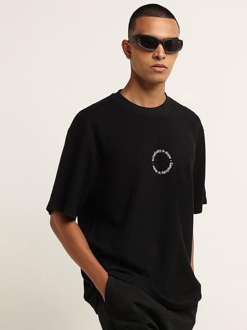 nuon by westside black ribbed textured relaxed-fit cotton t-shirt