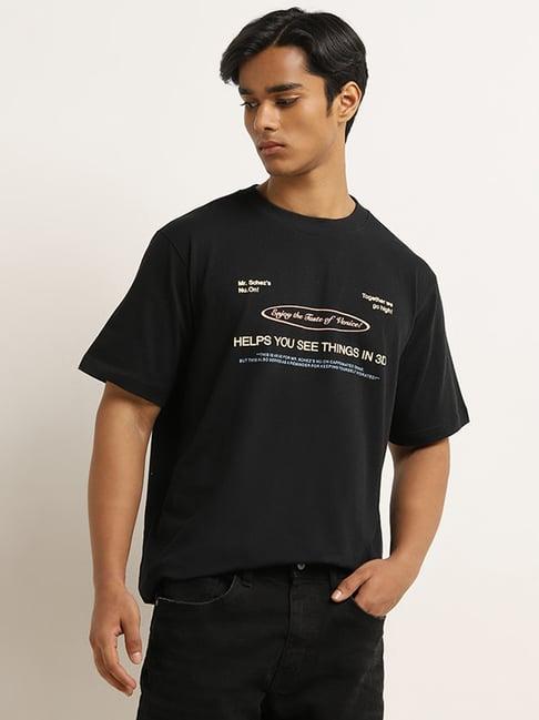 nuon by westside black text printed relaxed-fit cotton t-shirt