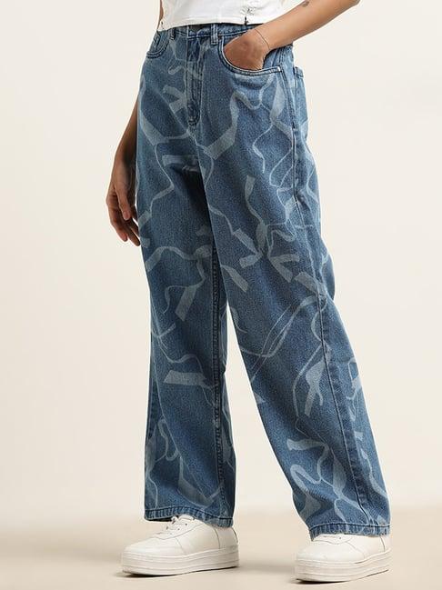 nuon by westside blue abstract print high-rise relaxed fit jeans